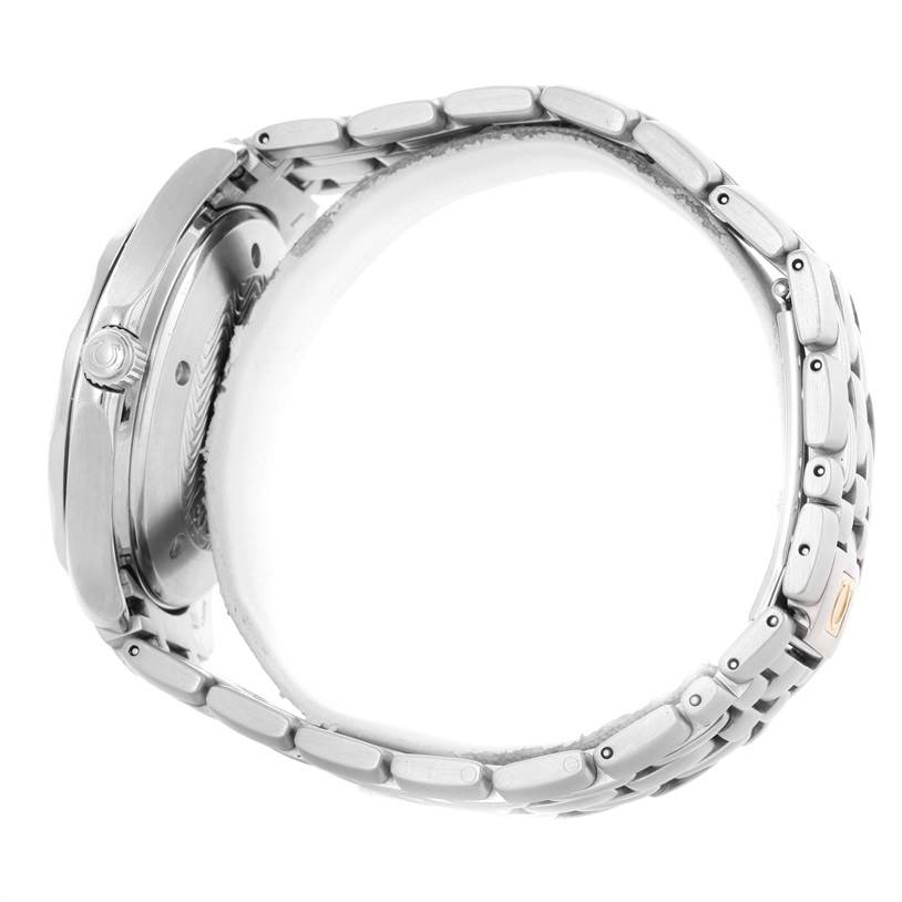 The image shows a side angle of the Omega Seamaster 2534.50.00 Men
s Stainless Steel Black Dial 2534.50.00 Men
s Stainless Steel Black Dial watch, highlighting the crown, case, and bracelet.