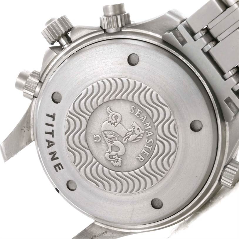 The image shows the back case and part of the bracelet of the Omega Seamaster 2298.80.00 Men's Titanium Blue Dial 2298.80.00 Men's Titanium Blue Dial watch.