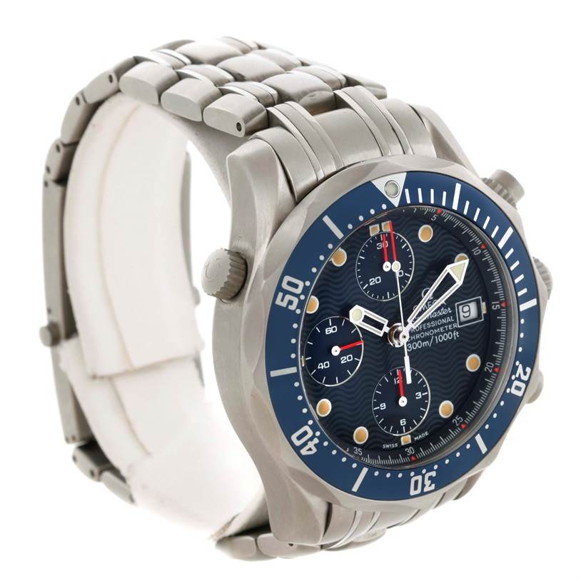 The Omega Seamaster 2298.80.00 Men's Titanium Blue Dial 2298.80.00 Men's Titanium Blue Dial watch is shown at an angle that highlights the face, bezel, crown, and part of the bracelet.