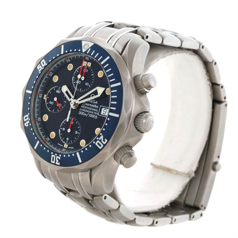 The image shows an angled view of the Omega Seamaster 2298.80.00 Men's Titanium Blue Dial 2298.80.00 Men's Titanium Blue Dial watch, highlighting its face, bezel, crown, and bracelet.