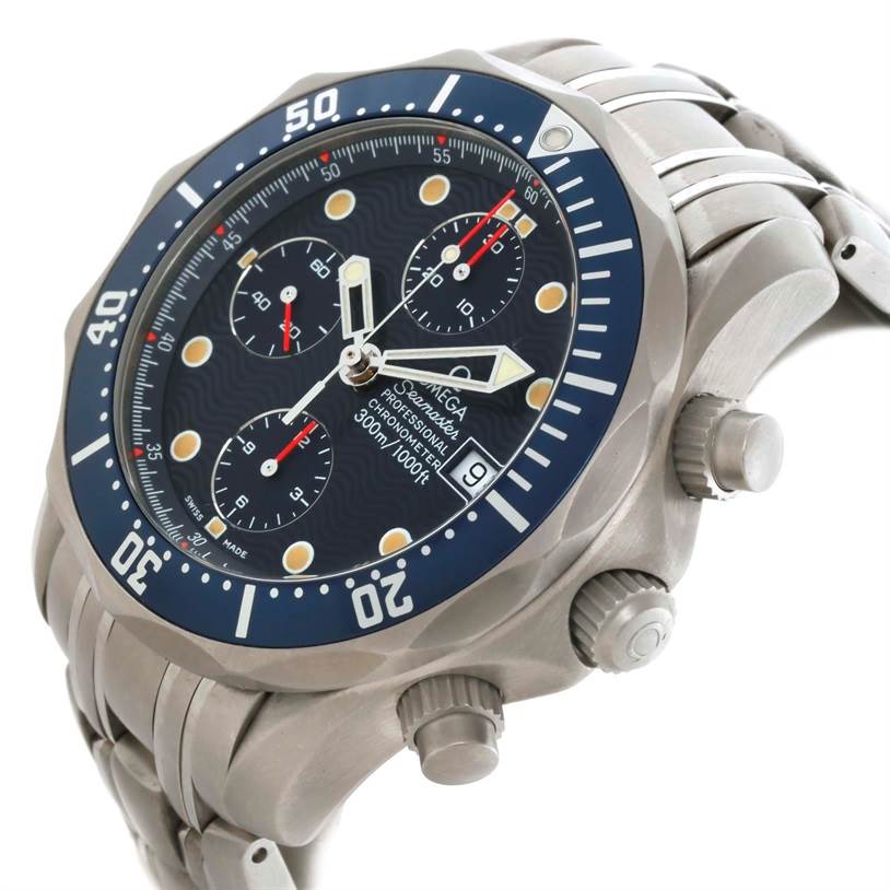 The image shows the front and side view of an Omega Seamaster 2298.80.00 Men's Titanium Blue Dial 2298.80.00 Men's Titanium Blue Dial watch, highlighting the face, bezel, crown, and push buttons.