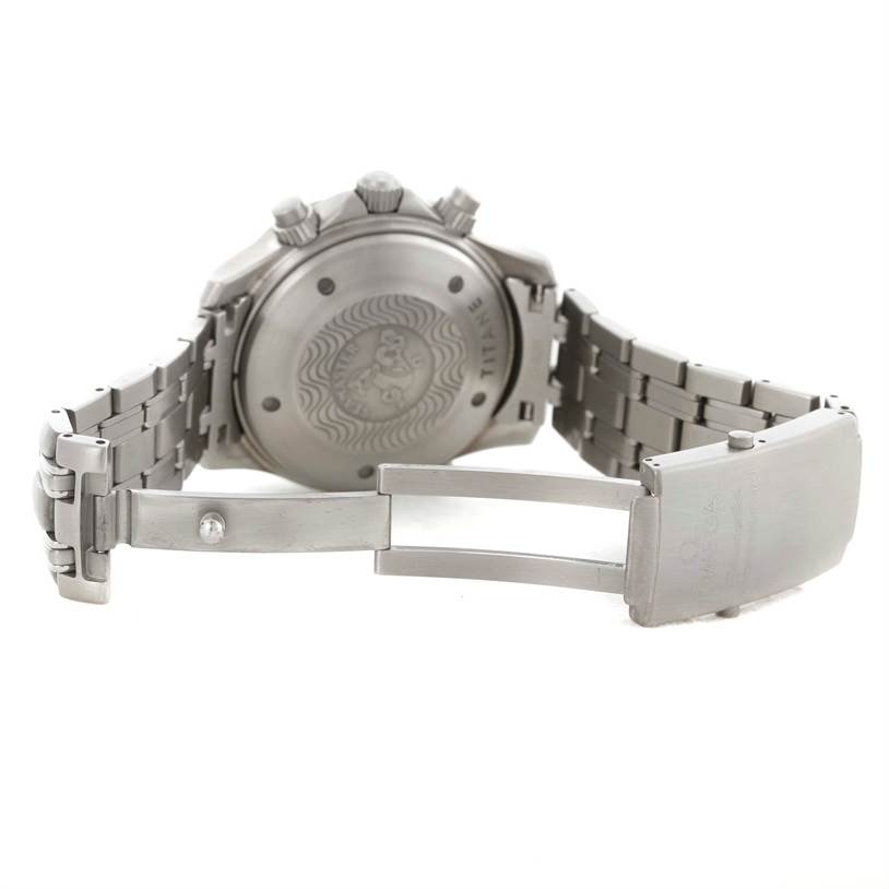 The image shows the back case and partially unfolded bracelet of an Omega Seamaster 2298.80.00 Men's Titanium Blue Dial 2298.80.00 Men's Titanium Blue Dial watch.