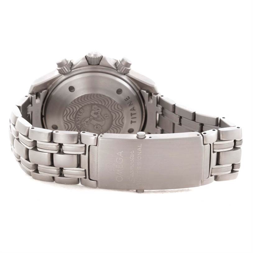 The image shows the back case and clasp of an Omega Seamaster 2298.80.00 Men's Titanium Blue Dial 2298.80.00 Men's Titanium Blue Dial watch, with the bracelet partially extended.