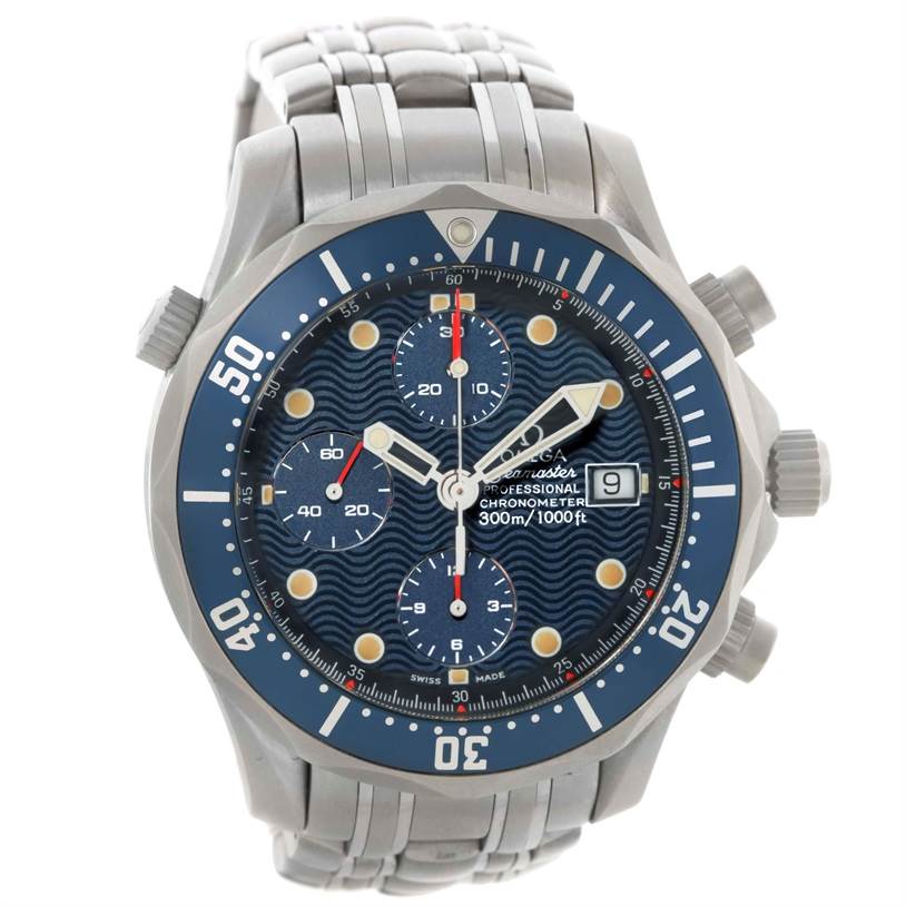 The image shows a front view of the Omega Seamaster 2298.80.00 Men's Titanium Blue Dial 2298.80.00 Men's Titanium Blue Dial watch, highlighting the face, bezel, bracelet, chronograph dials, and date window.