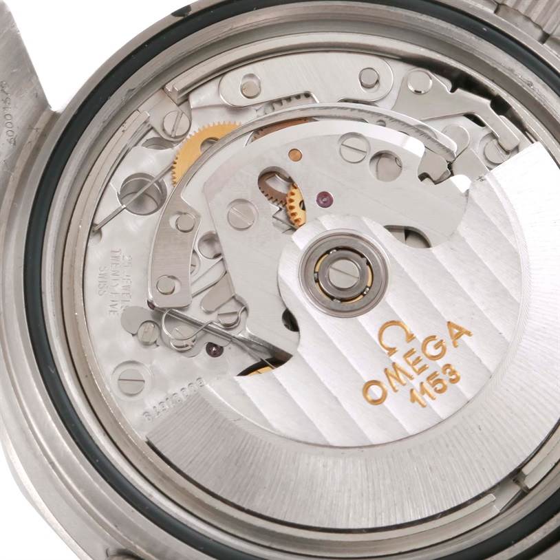 The image shows the inner mechanism of an Omega Seamaster 2298.80.00 Men's Titanium Blue Dial 2298.80.00 Men's Titanium Blue Dial watch, focusing on the rotor and gears.
