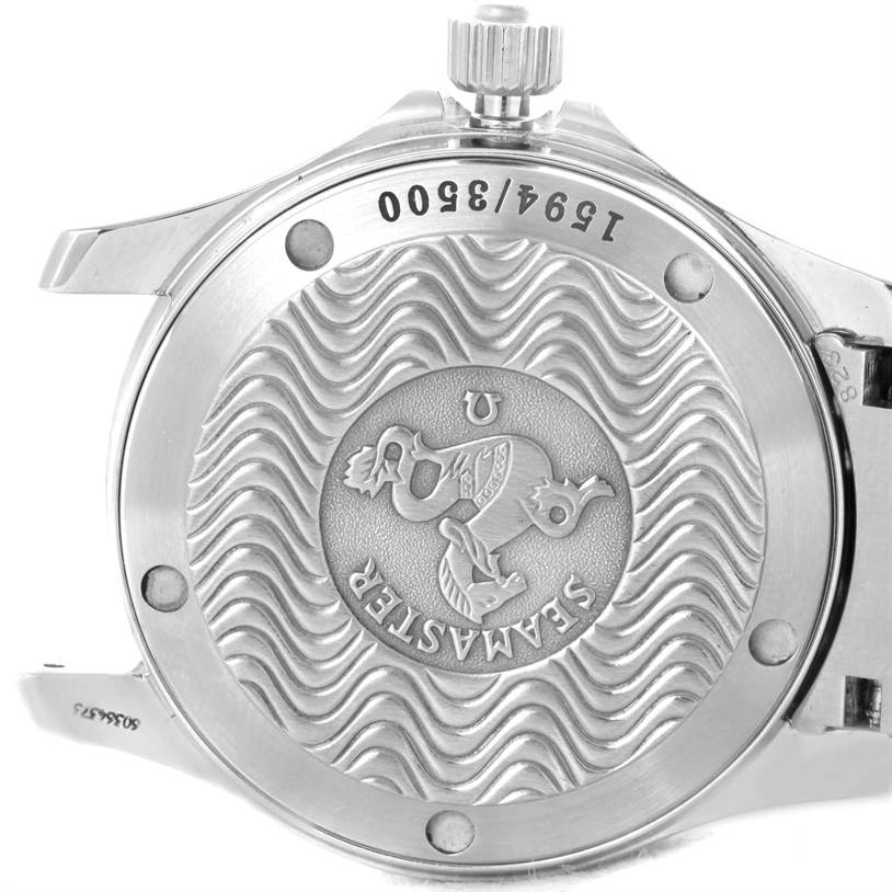 The image shows the back case and crown of an Omega Seamaster 2053.80.00 Men
s Stainless Steel Blue Dial 2053.80.00 Men
s Stainless Steel Blue Dial watch, displaying the embossed logo and some serial numbers.