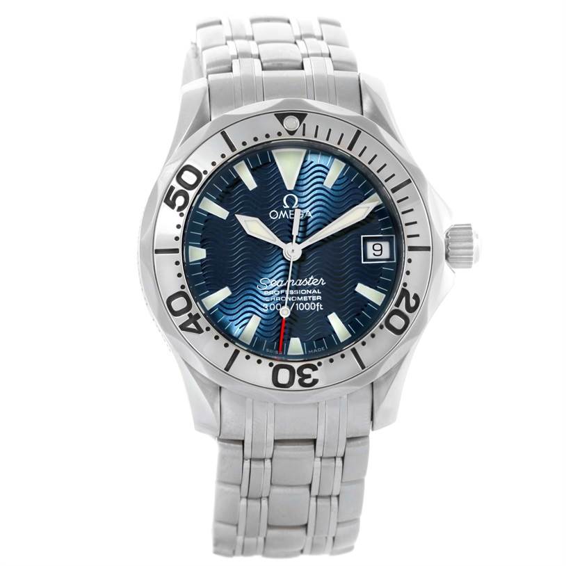 The image shows a front view of an Omega Seamaster 2053.80.00 Men
s Stainless Steel Blue Dial 2053.80.00 Men
s Stainless Steel Blue Dial watch, displaying its face, bezel, and stainless steel bracelet.