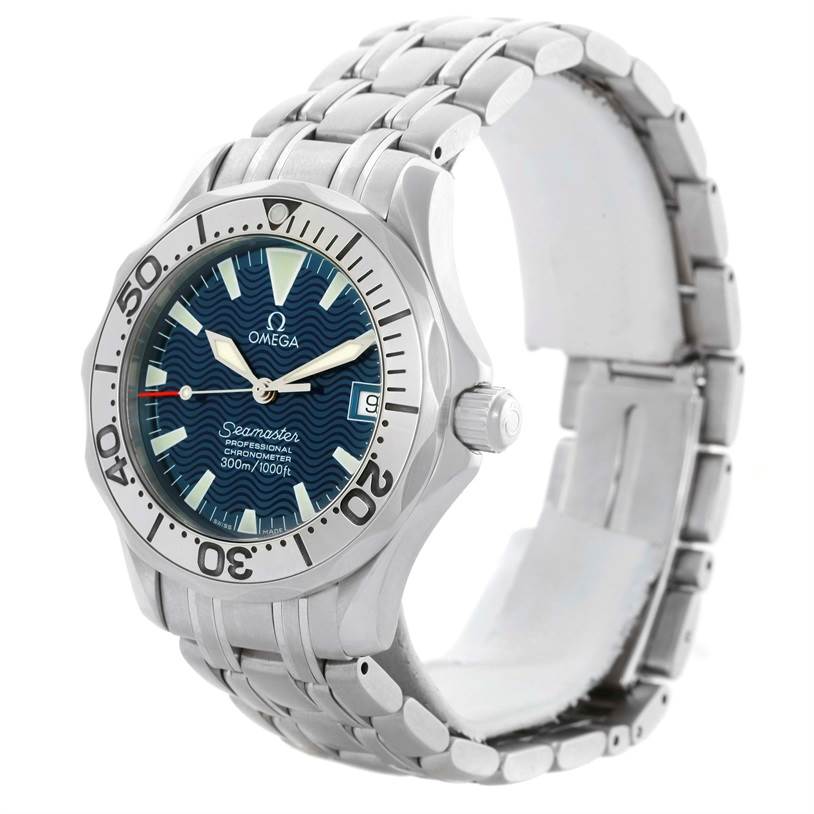 The image shows an Omega Seamaster 2053.80.00 Men
s Stainless Steel Blue Dial 2053.80.00 Men
s Stainless Steel Blue Dial watch angled to display the face, bezel, crown, and part of the stainless steel bracelet.