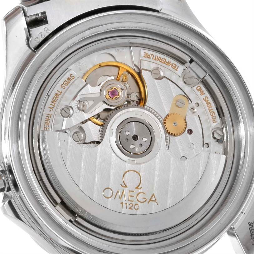 The image shows the open case back of an Omega Seamaster 2053.80.00 Men
s Stainless Steel Blue Dial 2053.80.00 Men
s Stainless Steel Blue Dial watch, revealing its internal mechanical movement.