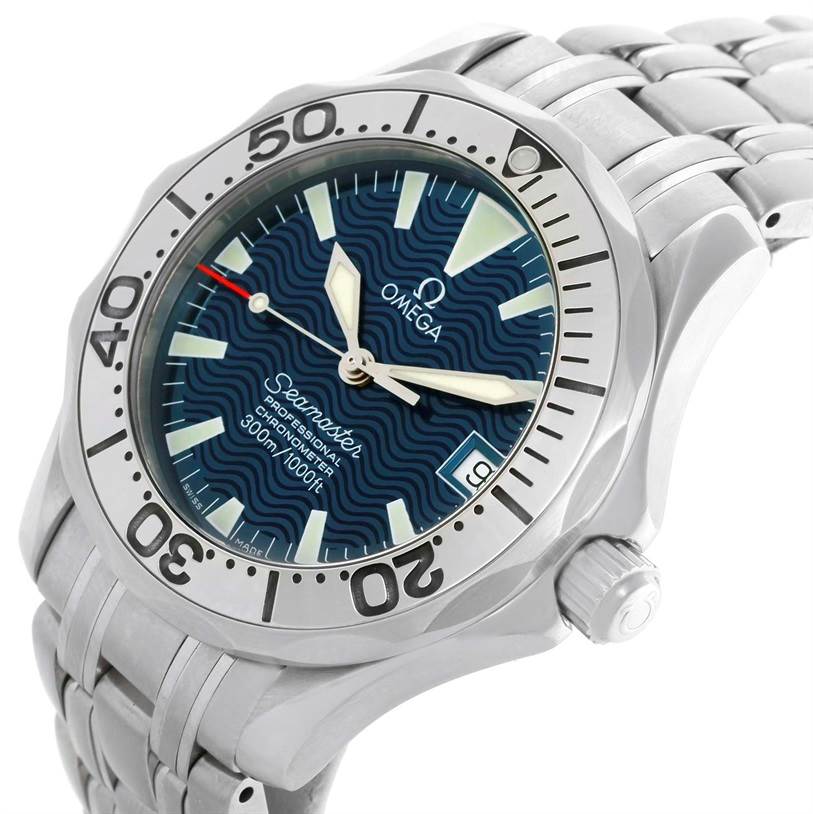 The image shows an angled view of the Omega Seamaster 2053.80.00 Men
s Stainless Steel Blue Dial 2053.80.00 Men
s Stainless Steel Blue Dial, highlighting the dial, bezel, and stainless steel bracelet.