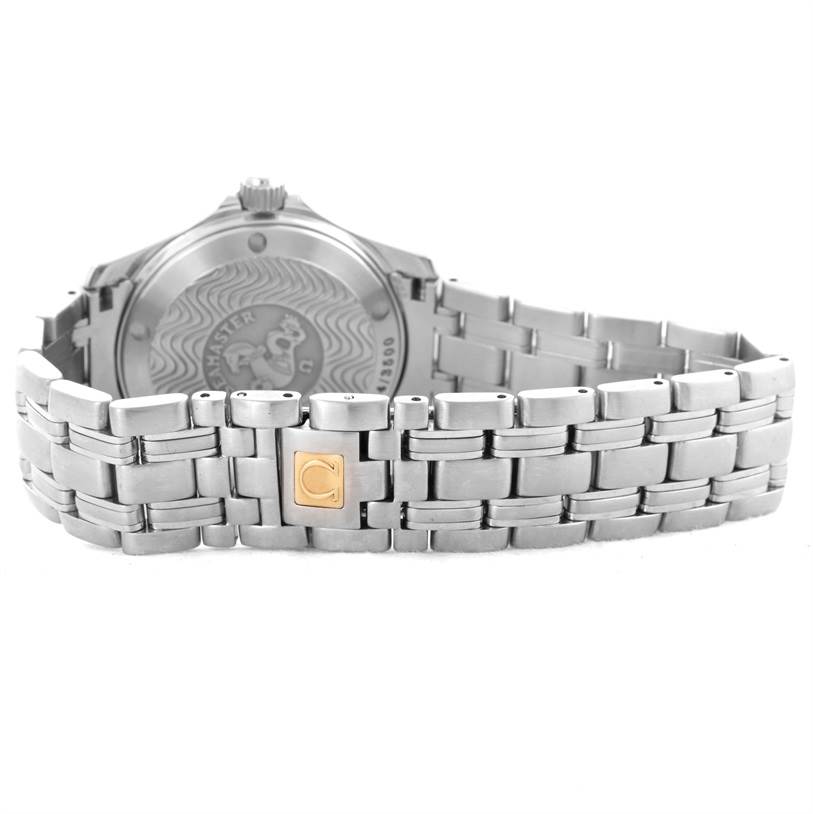 The image shows the back view of the Omega Seamaster 2053.80.00 Men
s Stainless Steel Blue Dial 2053.80.00 Men
s Stainless Steel Blue Dial watch, highlighting its case back and metal bracelet with a clasp.