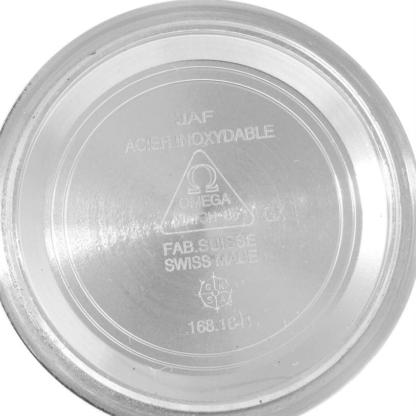 This image shows the interior side of the case back of an Omega Seamaster 2252.50.00 Men
s Stainless Steel Black Dial 2252.50.00 Men
s Stainless Steel Black Dial watch, highlighting the brand
s marking and model information.