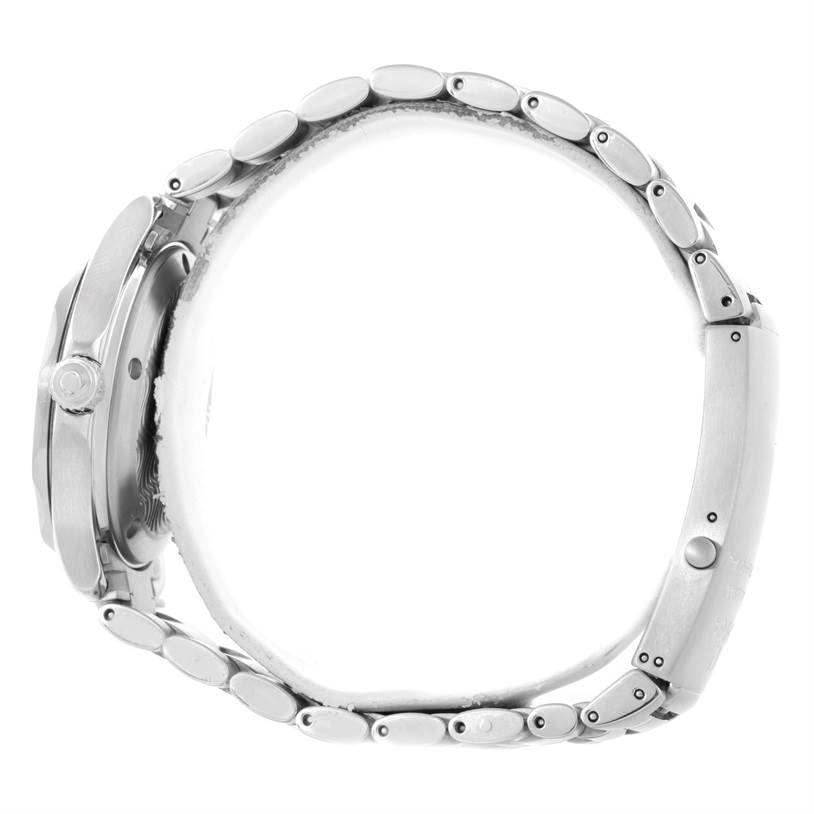 This side view image of the Omega Seamaster 2252.50.00 Men
s Stainless Steel Black Dial 2252.50.00 Men
s Stainless Steel Black Dial watch shows the case, crown, and metal bracelet.