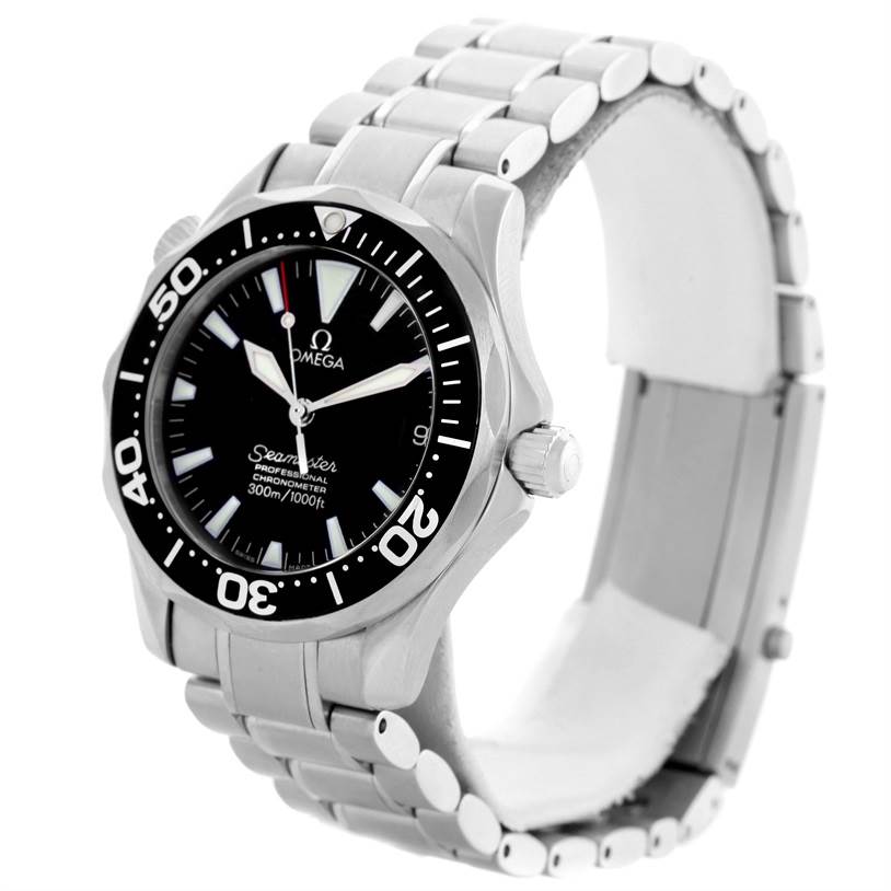 The Omega Seamaster 2252.50.00 Men
s Stainless Steel Black Dial 2252.50.00 Men
s Stainless Steel Black Dial watch is shown at an angled front view, displaying the dial, bezel, and the stainless steel bracelet.