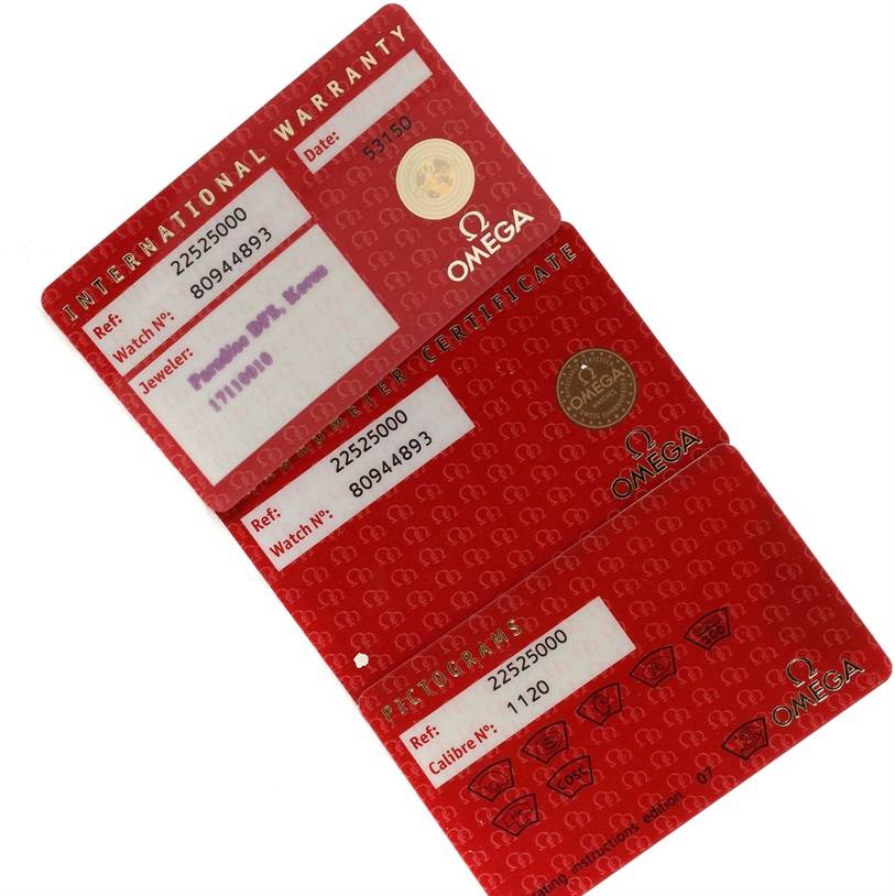 The image shows warranty and certificate cards for an Omega Seamaster 2252.50.00 Men
s Stainless Steel Black Dial 2252.50.00 Men
s Stainless Steel Black Dial watch model.