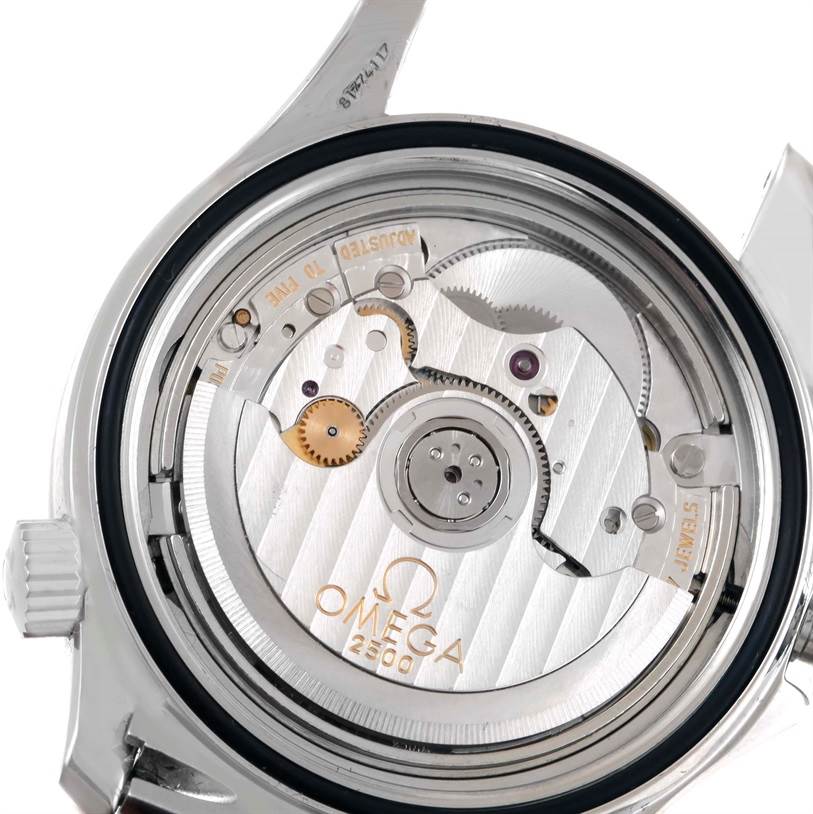 The image shows the back view of the Omega Seamaster 2222.80.00 Men
s Stainless Steel Blue Dial 2222.80.00 Men
s Stainless Steel Blue Dial watch, revealing its internal mechanical movement and components.