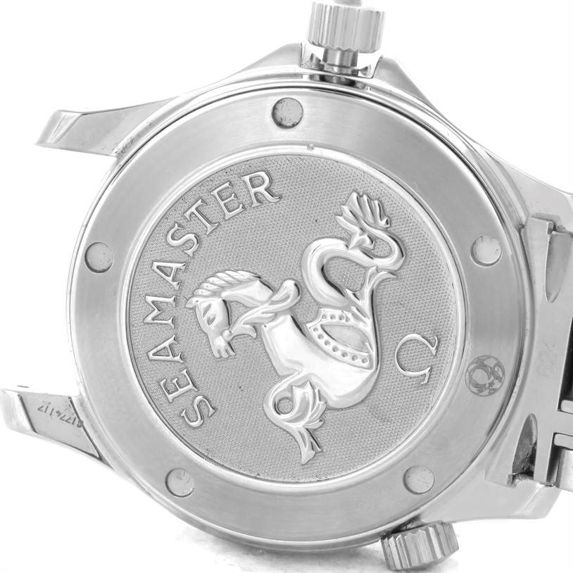 The image shows the case back of the Omega Seamaster 2222.80.00 Men
s Stainless Steel Blue Dial 2222.80.00 Men
s Stainless Steel Blue Dial watch from a slightly angled, top-down perspective.