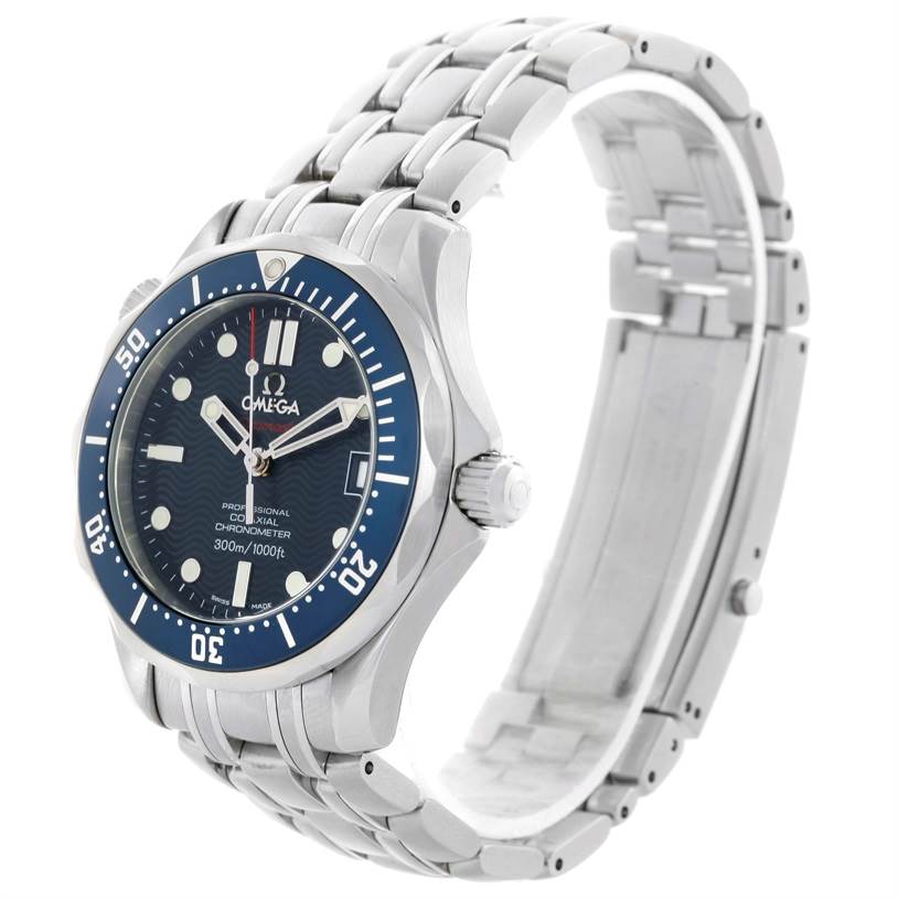 The Omega Seamaster 2222.80.00 Men
s Stainless Steel Blue Dial 2222.80.00 Men
s Stainless Steel Blue Dial watch is shown at a three-quarter angle, displaying its face, bezel, crown, and stainless steel bracelet.