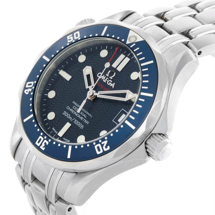 This Omega Seamaster 2222.80.00 Men
s Stainless Steel Blue Dial 2222.80.00 Men
s Stainless Steel Blue Dial watch is shown at a three-quarter angle, highlighting the dial, bezel, crown, and stainless steel bracelet.