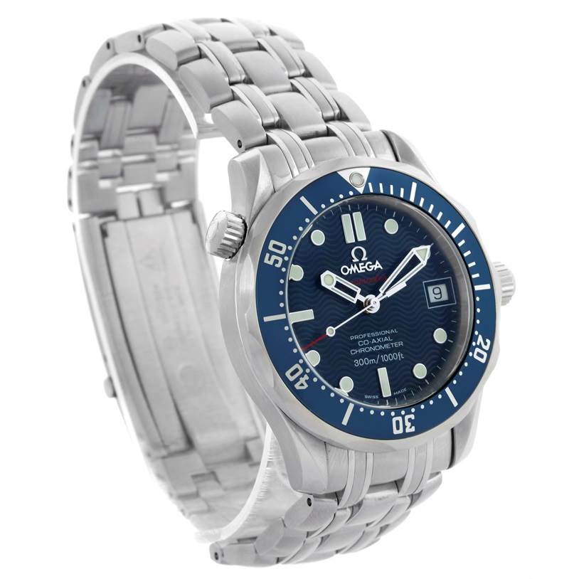 The image shows an Omega Seamaster 2222.80.00 Men
s Stainless Steel Blue Dial 2222.80.00 Men
s Stainless Steel Blue Dial watch at a three-quarter angle, highlighting the face, bezel, case, and bracelet.