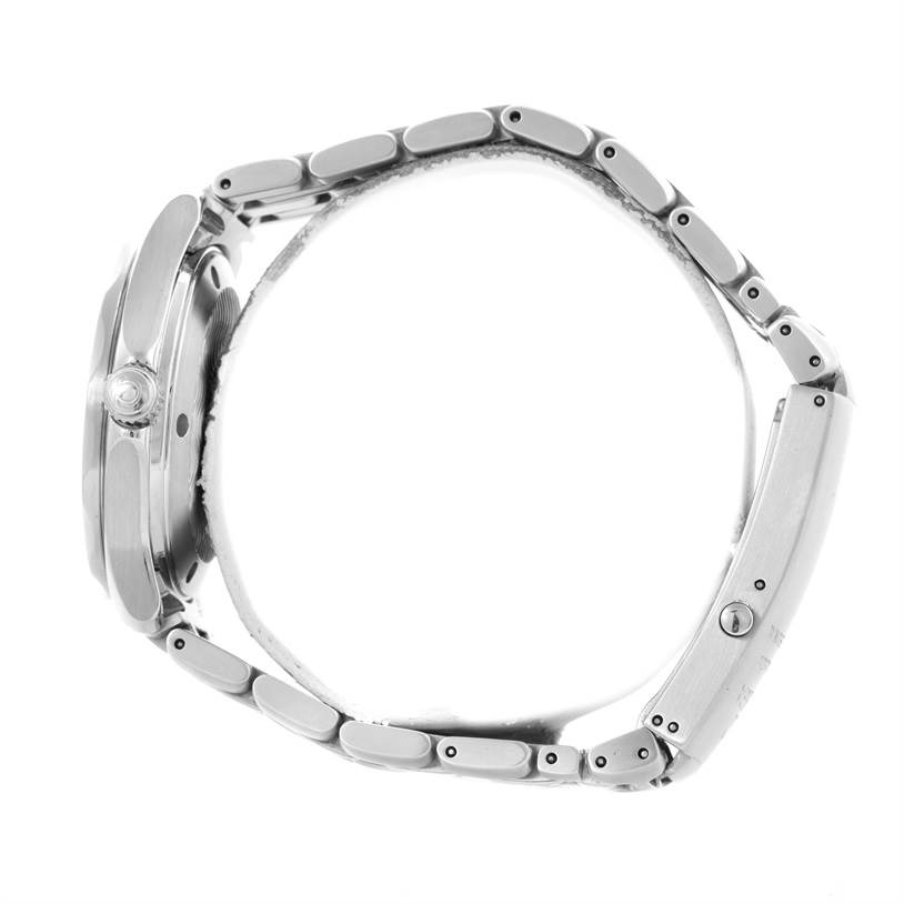 The image shows a side view of the Omega Seamaster 2561.80.00 Men
s Stainless Steel Blue Dial 2561.80.00 Men
s Stainless Steel Blue Dial watch, highlighting the bracelet, case, and crown.