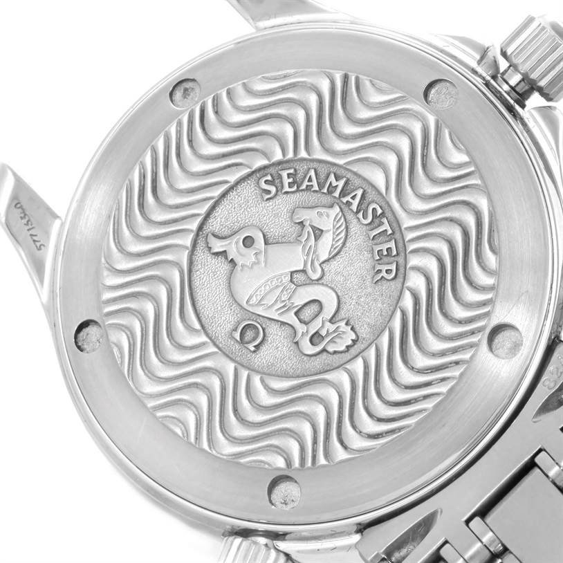 The image shows the case back of an Omega Seamaster 2561.80.00 Men
s Stainless Steel Blue Dial 2561.80.00 Men
s Stainless Steel Blue Dial watch, featuring the distinctive Seamaster logo with a wave pattern.