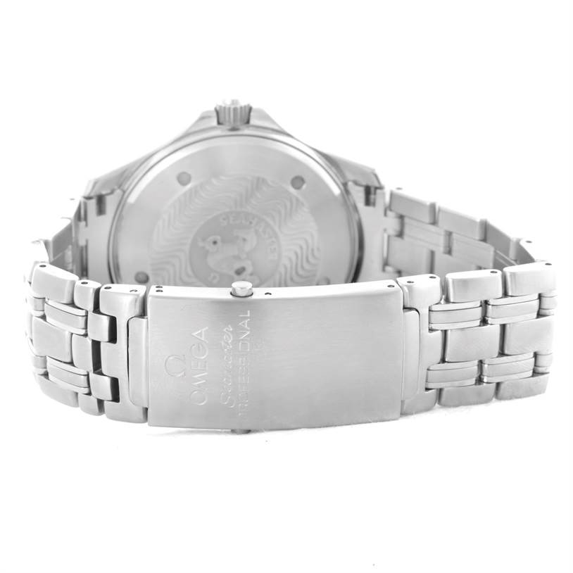 The image shows the back view of an Omega Seamaster 2532.80.00 Men
s Stainless Steel Grey Dial 2532.80.00 Men
s Stainless Steel Grey Dial watch, highlighting its stainless steel bracelet and clasp.