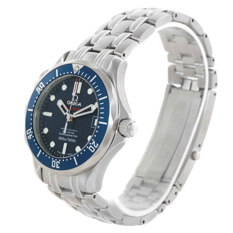 The Omega Seamaster 2222.80.00 Men
s Stainless Steel Blue Dial 2222.80.00 Men
s Stainless Steel Blue Dial watch is shown from an angled side view, showcasing the face, bezel, crown, and metal bracelet.