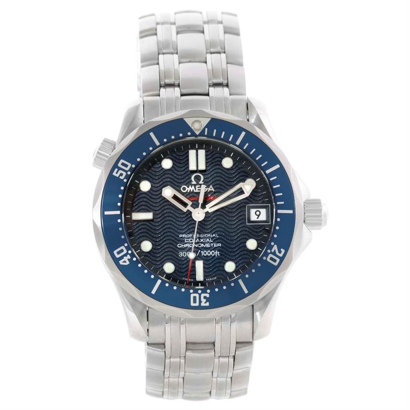 The Omega Seamaster 2222.80.00 Men
s Stainless Steel Blue Dial 2222.80.00 Men
s Stainless Steel Blue Dial watch is shown from a top-down angle, displaying the dial, bezel, hands, markers, and stainless steel bracelet.
