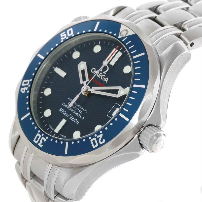 The image shows a close-up angle of an Omega Seamaster 2222.80.00 Men
s Stainless Steel Blue Dial 2222.80.00 Men
s Stainless Steel Blue Dial watch, highlighting the bezel, dial, crown, and part of the bracelet.