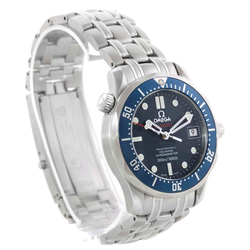 The watch, an Omega Seamaster 2222.80.00 Men
s Stainless Steel Blue Dial 2222.80.00 Men
s Stainless Steel Blue Dial, is shown at a three-quarter view, displaying the face, bezel, crown, and metal bracelet.