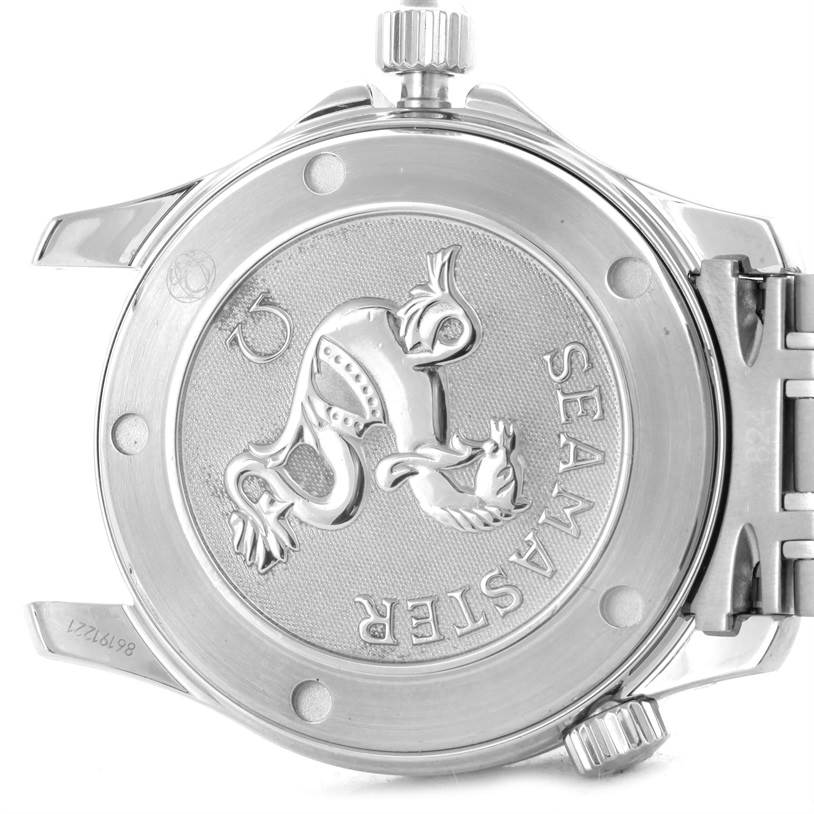 The image shows the back case of an Omega Seamaster 2222.80.00 Men
s Stainless Steel Blue Dial 2222.80.00 Men
s Stainless Steel Blue Dial watch, highlighting the logo and model name engraving.