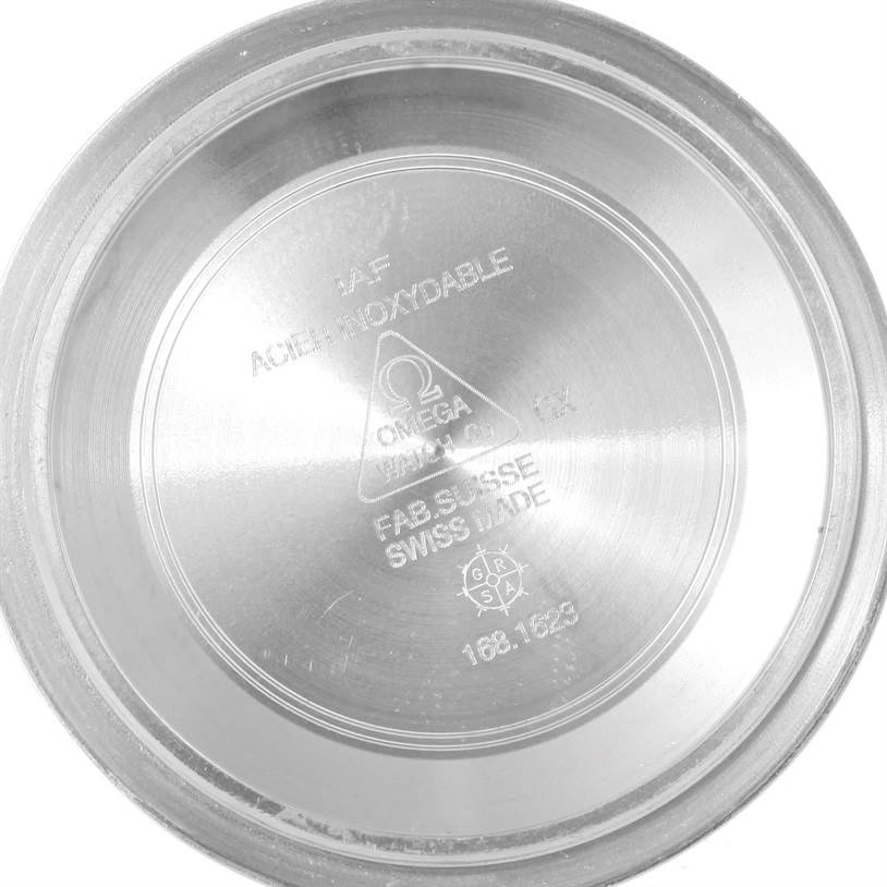 This image shows the inner case back of an Omega Seamaster 2531.80.00 Men
s Stainless Steel Blue Dial 2531.80.00 Men
s Stainless Steel Blue Dial watch, including the brand
s logo and some specifications.