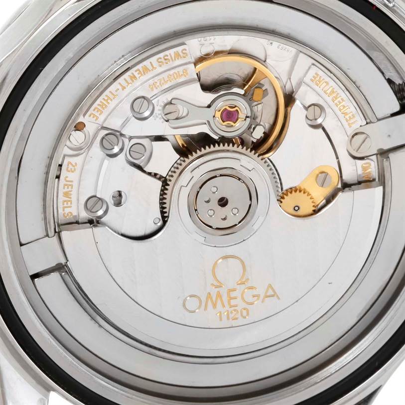 This image shows the movement of an Omega Seamaster 2531.80.00 Men
s Stainless Steel Blue Dial 2531.80.00 Men
s Stainless Steel Blue Dial watch from a rear angle, highlighting its intricate mechanical parts.