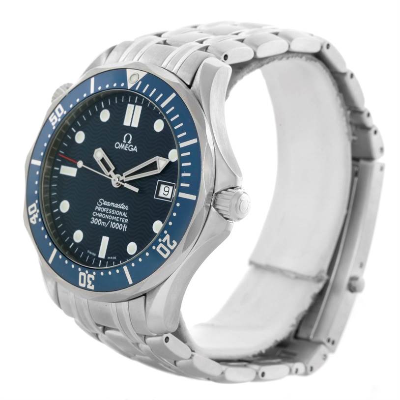 This image shows an Omega Seamaster 2531.80.00 Men
s Stainless Steel Blue Dial 2531.80.00 Men
s Stainless Steel Blue Dial watch from a slight left side angle, highlighting the bezel, dial, crown, and part of the bracelet.