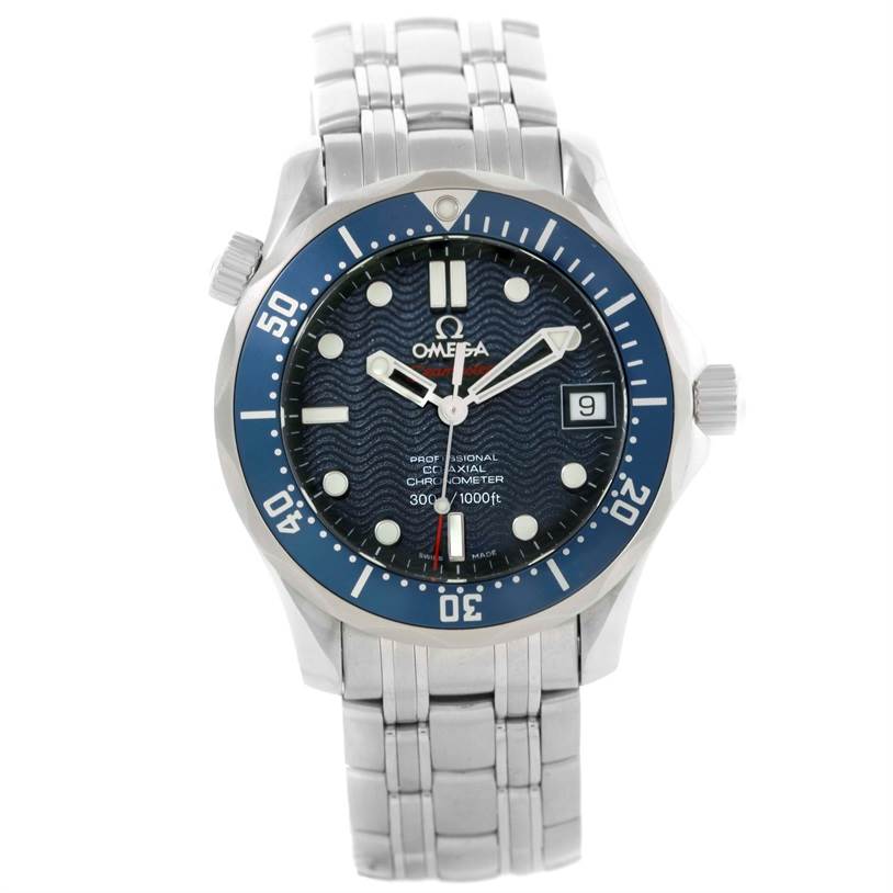 The Omega Seamaster 2222.80.00 Men
s Stainless Steel Blue Dial 2222.80.00 Men
s Stainless Steel Blue Dial watch is shown from the front angle, displaying its face, bezel, and bracelet.