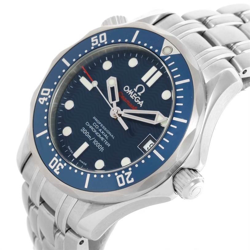 The image shows an Omega Seamaster 2222.80.00 Men
s Stainless Steel Blue Dial 2222.80.00 Men
s Stainless Steel Blue Dial watch angled from the front-left, highlighting the dial, bezel, crown, and part of the bracelet.