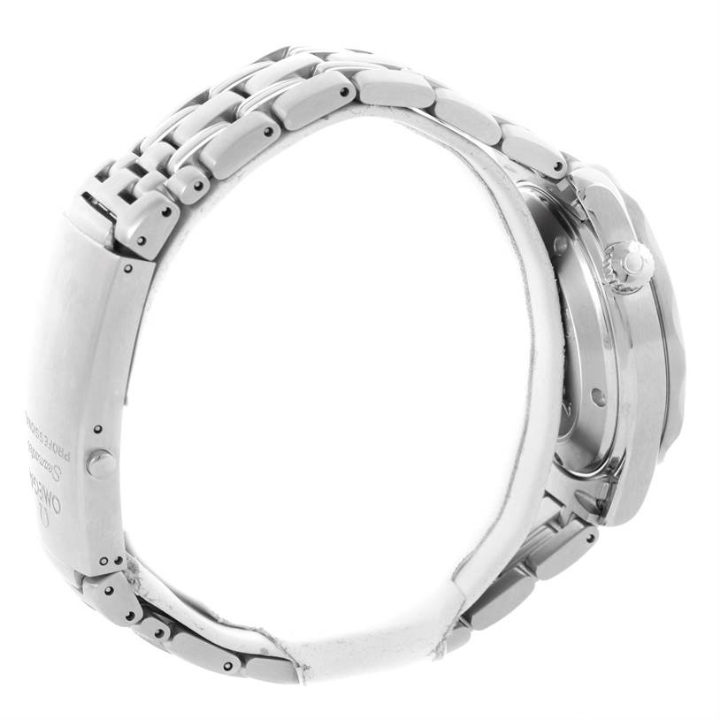 The image shows a side profile of an Omega Seamaster 2222.80.00 Men
s Stainless Steel Blue Dial 2222.80.00 Men
s Stainless Steel Blue Dial watch, highlighting its metallic bracelet and crown.