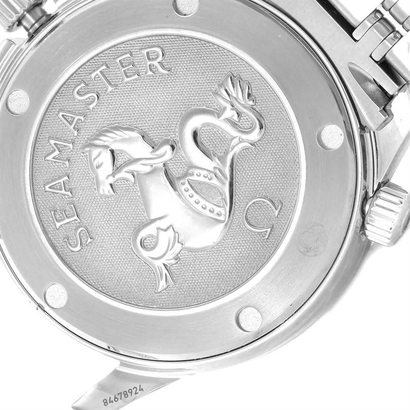 This image shows the back case and crown of an Omega Seamaster 2222.80.00 Men
s Stainless Steel Blue Dial 2222.80.00 Men
s Stainless Steel Blue Dial watch, featuring the logo and model name engraved.