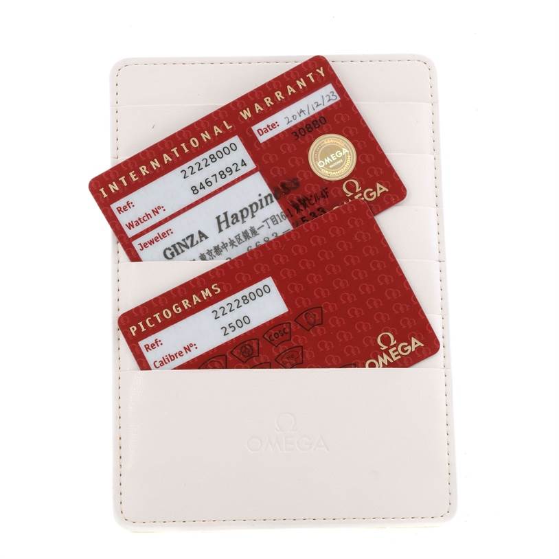 This image shows the international warranty and pictograms cards for the Omega Seamaster 2222.80.00 Men
s Stainless Steel Blue Dial 2222.80.00 Men
s Stainless Steel Blue Dial, placed in a white cardholder.