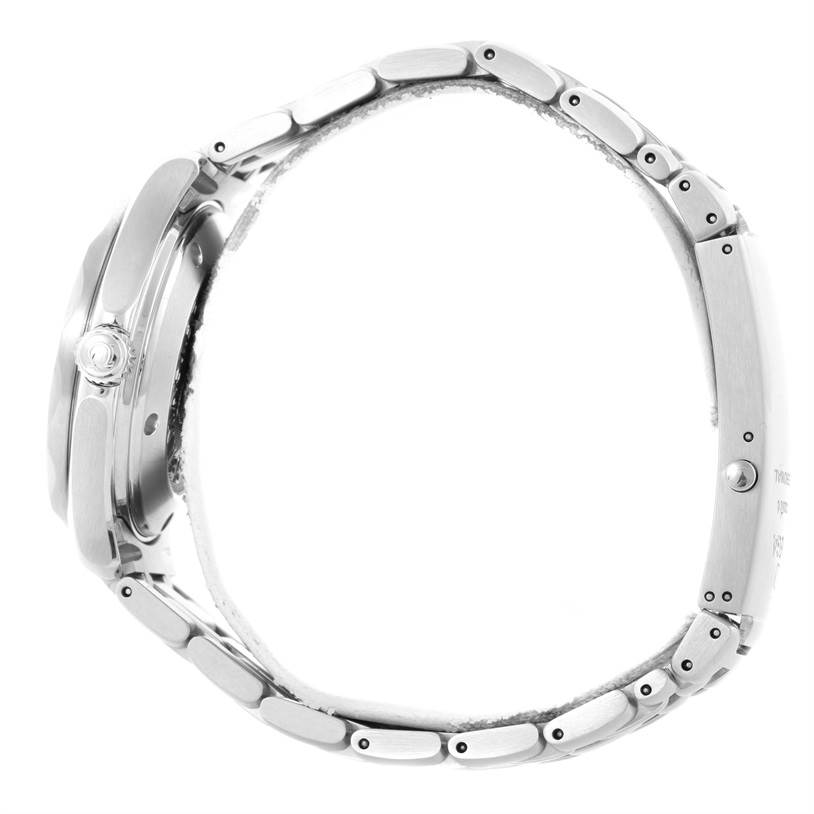 The image shows a side view of the Omega Seamaster 2222.80.00 Men
s Stainless Steel Blue Dial 2222.80.00 Men
s Stainless Steel Blue Dial watch, highlighting the case, crown, and metal bracelet.