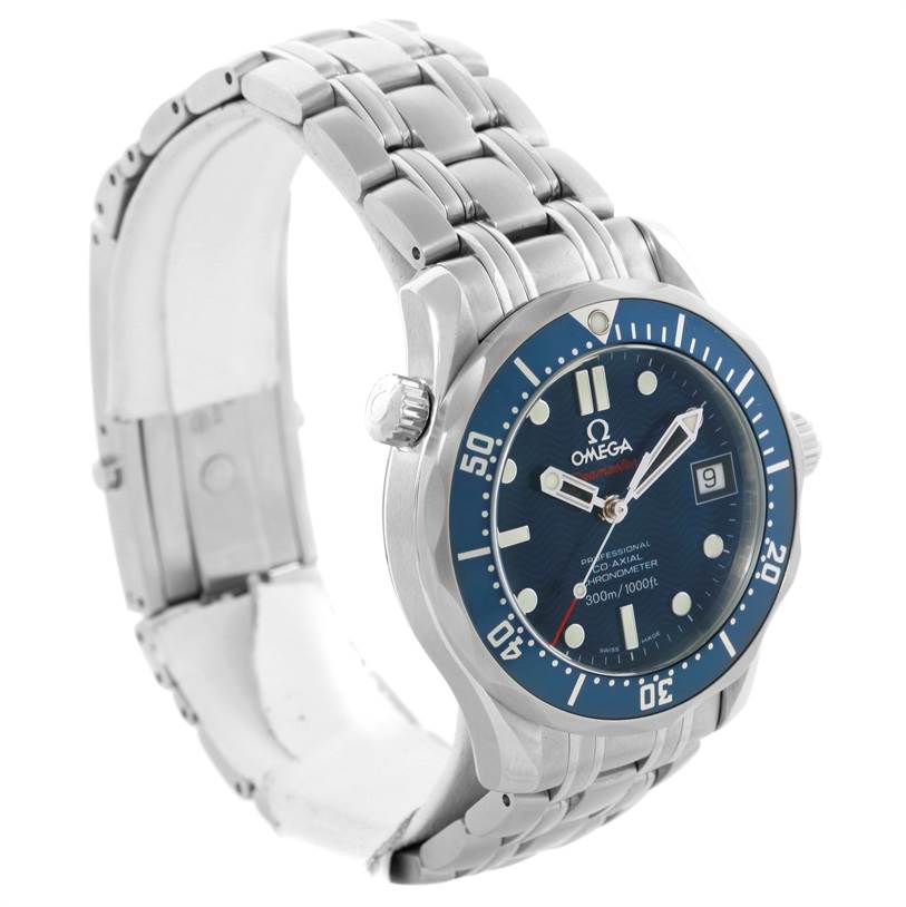 The image shows a side-angle view of the Omega Seamaster 2222.80.00 Men
s Stainless Steel Blue Dial 2222.80.00 Men
s Stainless Steel Blue Dial watch, highlighting the face, bezel, crown, and stainless steel bracelet.