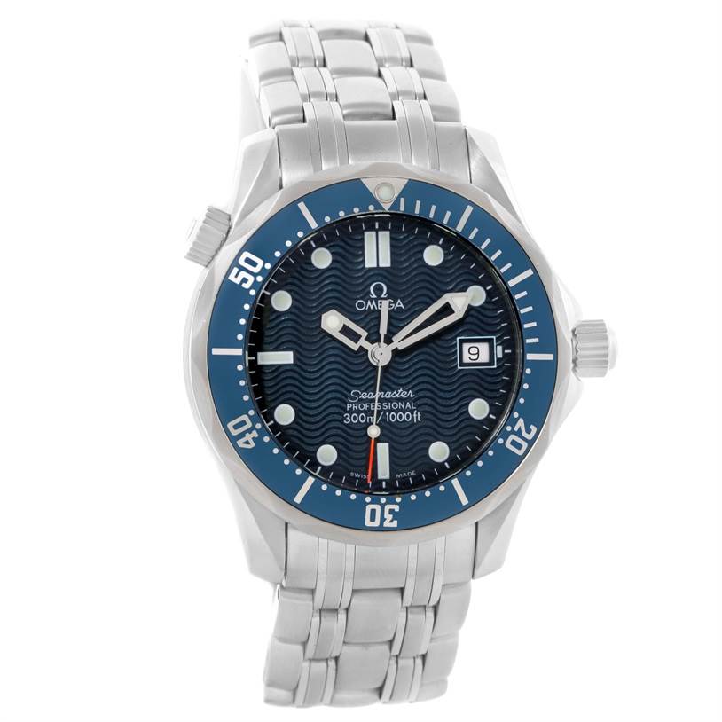 This image shows a front view of an Omega Seamaster 2561.80.00 Men
s Stainless Steel Blue Dial 2561.80.00 Men
s Stainless Steel Blue Dial watch displaying the dial, bezel, and bracelet prominently.