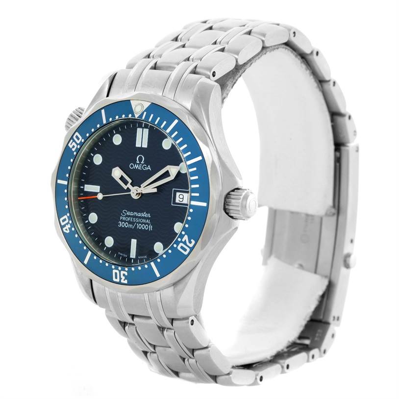 This Omega Seamaster 2561.80.00 Men
s Stainless Steel Blue Dial 2561.80.00 Men
s Stainless Steel Blue Dial watch is shown from a 3/4 angle, displaying the face, bezel, bracelet, and crown.
