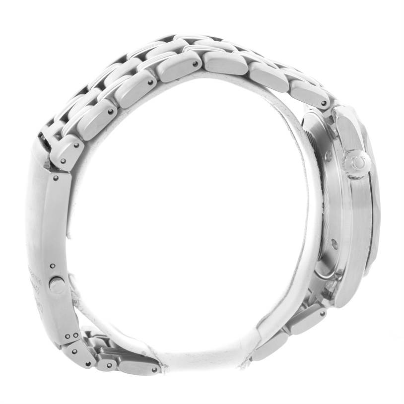 The image shows a side view of an Omega Seamaster 2561.80.00 Men
s Stainless Steel Blue Dial 2561.80.00 Men
s Stainless Steel Blue Dial watch, highlighting the bracelet and side case with the crown visible.