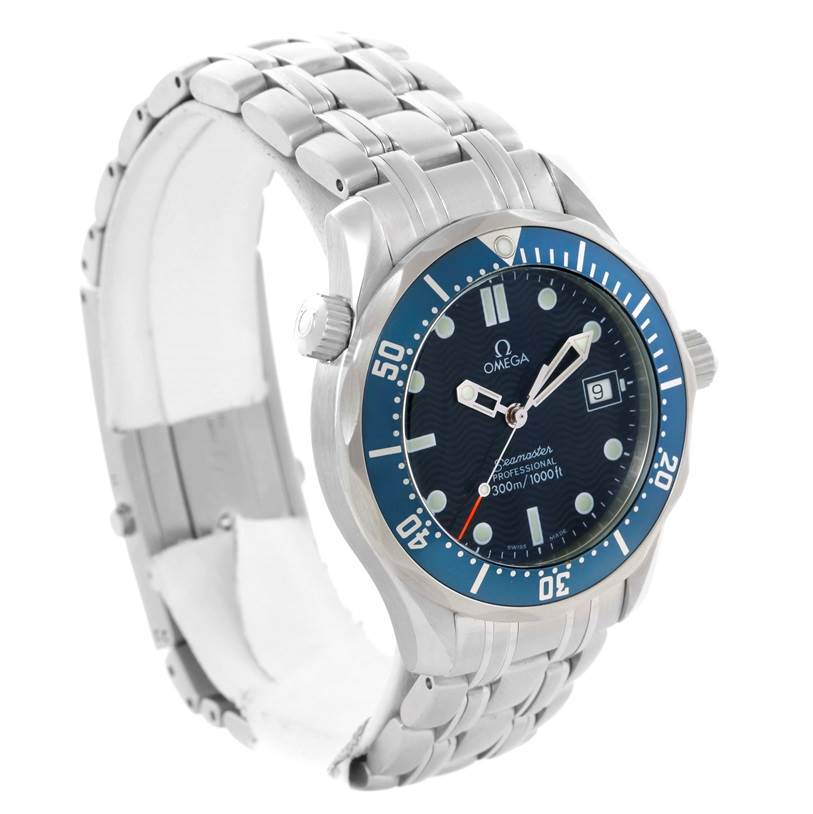 The image shows an angled view of an Omega Seamaster 2561.80.00 Men
s Stainless Steel Blue Dial 2561.80.00 Men
s Stainless Steel Blue Dial watch, displaying the face, bezel, crown, and part of the stainless steel bracelet.