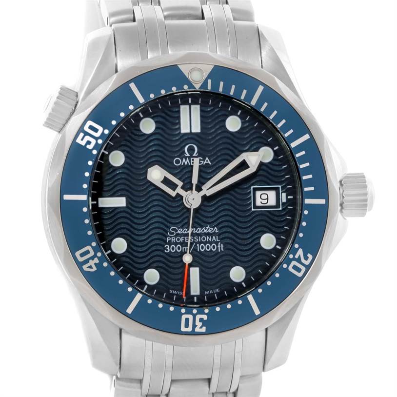 The image shows a front angle of the Omega Seamaster 2561.80.00 Men
s Stainless Steel Blue Dial 2561.80.00 Men
s Stainless Steel Blue Dial watch, highlighting its blue dial, bezel, and the stainless steel bracelet.