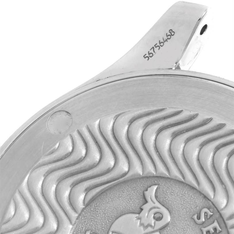 This close-up image displays the back casing and part of the serial number of the Omega Seamaster 2561.80.00 Men
s Stainless Steel Blue Dial 2561.80.00 Men
s Stainless Steel Blue Dial watch.