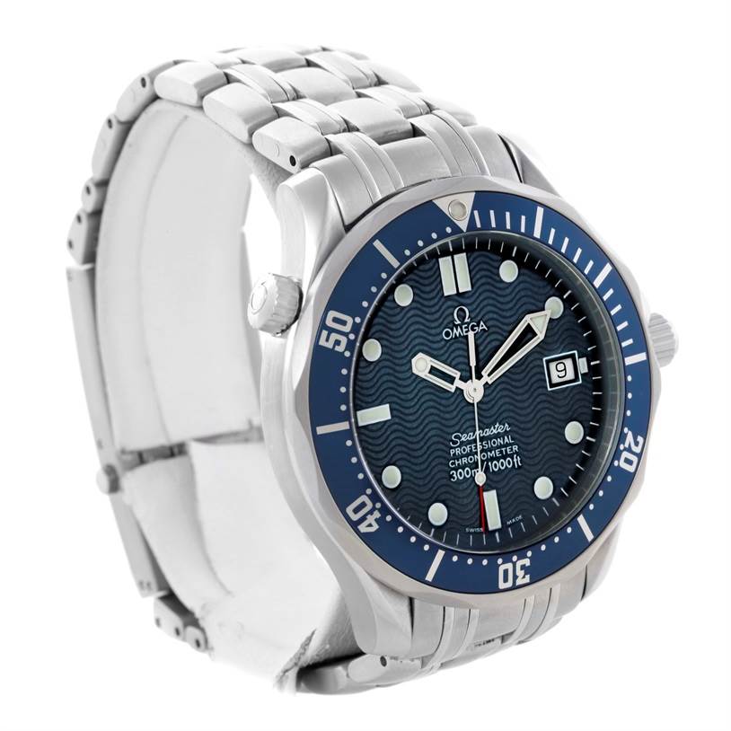 The Omega Seamaster 2531.80.00 Men
s Stainless Steel Blue Dial 2531.80.00 Men
s Stainless Steel Blue Dial watch is shown at a three-quarter angle, highlighting the face, bezel, crown, and part of the bracelet.