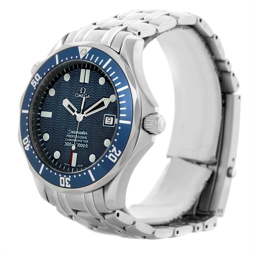 The image shows an angled side view of an Omega Seamaster 2531.80.00 Men
s Stainless Steel Blue Dial 2531.80.00 Men
s Stainless Steel Blue Dial watch, including its bezel, dial, crown, and part of the bracelet.